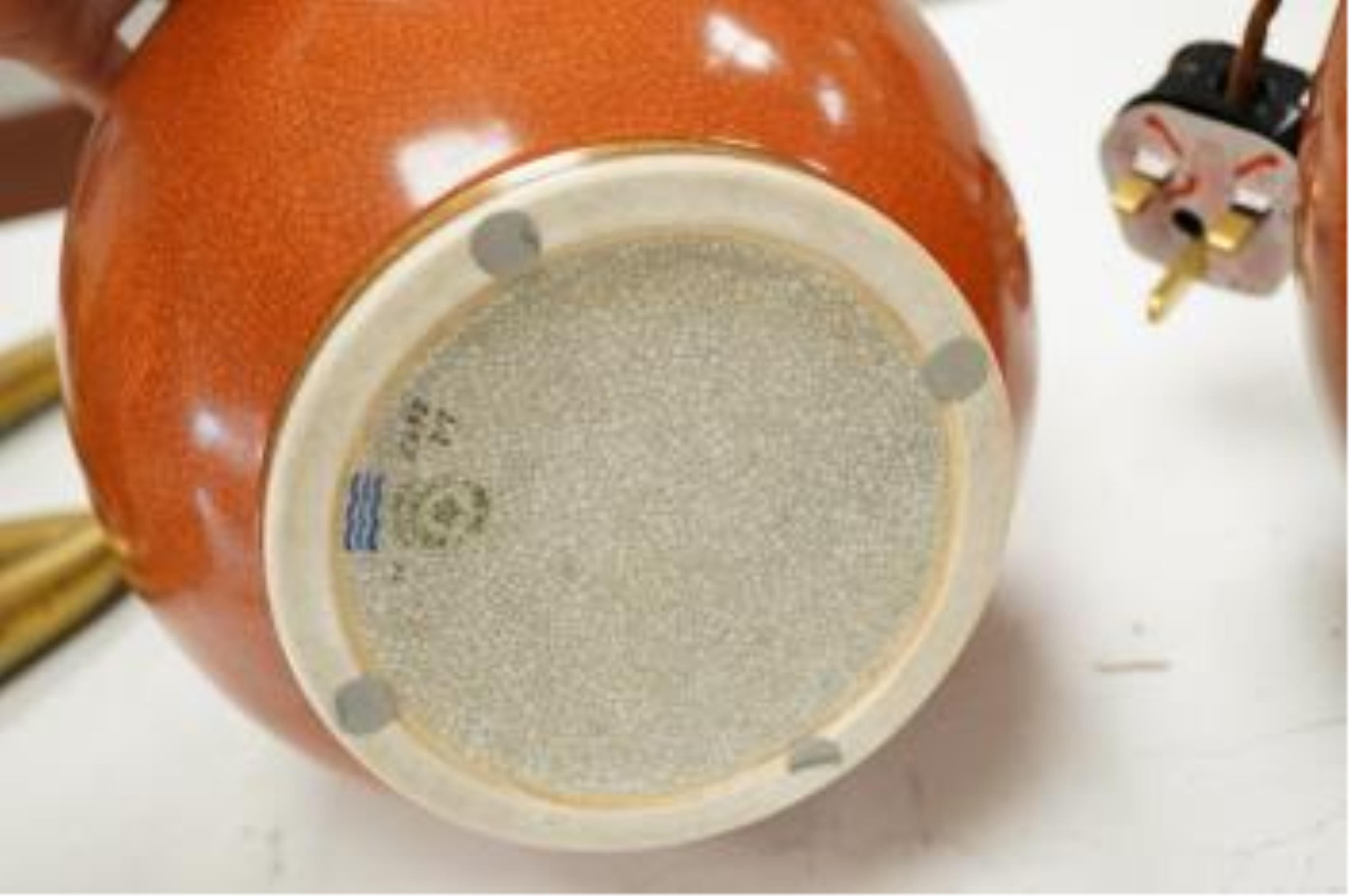 A pair of Royal Copenhagen coral crackle glaze vases adapted as lamps, overall 41cm high